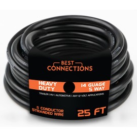 BEST CONNECTIONS 5 Way Trailer Wire – Heavy Duty 14 Gauge 5 Conductor Insulated Cable – Durable, Weatherproof, Color-Coded 5 Way Trailer Wiring Extension for RV Trailer and Automotive (25 Feet)