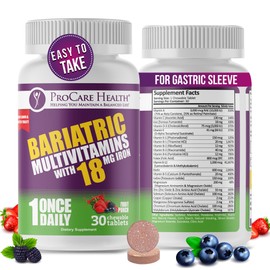 ProCare Health Bariatric Chewable Multivitamin with Iron 18mg (30 Tablets) - Fruit Punch Flavor Bariatric Multivitamin Chewable for Gastric Bypass & Sleeve Gastrectomy Patients* (1 Month Supply)