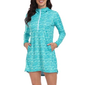 HDE Beach Coverups for Women UPF 50 Long Sleeve Swim Cover Up Dress with Hood Ocean Swirl - M