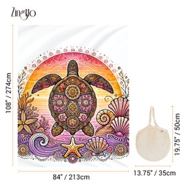 Zingtto Silky Soft 108"x84" Sand Proof Beach Blanket Sand Proof Mat with Corner Pockets and Fashion Mesh Bag for Beach Party, Travel, Camping and Outdoor Music Festival, Boho Mandala Sunset Turtle