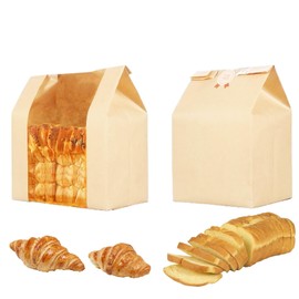 25 Pack Paper Bread Bags for Homemade Bread Large Loaf Bag with Clear Front Window, for Lunch Coffee Bakery Bag Kraft Cookie Treat Packaging Grocery Storage Bags with Food Labels Stickers (25 Pcs)