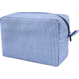 Makeup Bag for Women, Cute Cosmetic Bag, Lightweight Toiletry Make up Bag, Large Seersucker Aesthetic Organizer Storage Pouch for Girls, Women and Moms Gifts, Blue