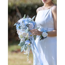 FEILUOYI Blue Seaside Wedding Bride Bouquet, Cascading Bride Bouquet, Waterfall Shape, Tossing Bouquet, Vintage Style, for Rustic Weddings, Church Weddings, Wedding Gifts