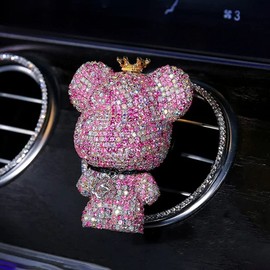 UAUTO Fashion Cute Crystal Diamond Crown Big Head Bear Car Air Freshener Perfume Vent Fragrance Clip Aroma Diffuser or Decoration (Pink)
