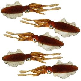 Fish WOW! 5pcs Root Beer 6" Chase Squid Skirt Realistic Squid Octopus baits 3D Large Eyes Premium Quality Soft Plastic Fishing Lures