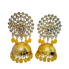 Beautiful Traditional Gold Tone Kundan Jhumki Earnings with Pearls and Beads ( Lightweight) (Yellow)