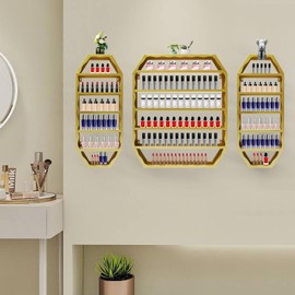 3PCS Metal Wall Mounted Octagonal Nail Polish Storage Racks, Display Rack Cosmetic Display Case Lipstick Perfume Wall Shelf Essential Oil Organizer for Nail Polish Bottles Nail Salon Shop (Gold)
