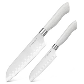 DURA LIVING EcoCut - Juego de cuchillos Santoku de 2 piezas, cuchillas de acero inoxidable de alto carbono, asas ergonómicas sostenibles, cuchillos ecológicos con vainas, color azul