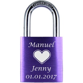 ♥ Love Goals Engraved Love Padlock with Engraving | Individual | Ideal Gift for Lovers & Couples | High-Quality Gift Box Lock with 2 Keys | Anodised | M008 | Colour, purple