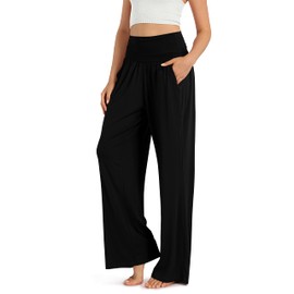ODODOS Women's Wide Leg Palazzo Lounge Pants with Pockets Light Weight Loose Comfy Casual Pajama Pants-28 inseam, Black, X-Large