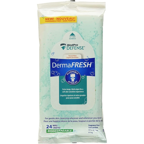 MedPro Defense Dermafresh Flushable Biodegradable Personal Wet Wipes, 9" x 12" Each Wipe, Soft and Thick, with a Gentle Cleansing Solution, Larger than Most Wipes, 24 Wipes Per Pack