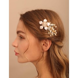 Teyglen Vintage Gold Flower Wedding Hair Barrette Handmade Leaf Headpiece Bridal Flower Hair Clips Pins with Pearl Floral Hair Accessories for Women Decorative Head Piece