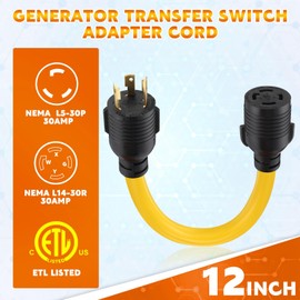 Tellegloww Generator Transfer Switch Adapter Cord Compatible with NEMA L5-30P to L14-30R, Generator to House Inlet Box Adapter, 30A 3Prong Male to 4Prong Locking Female Adapter, STW 10 AWG, 1ft