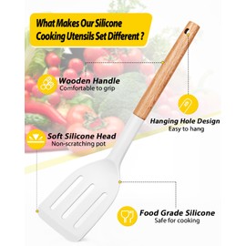 Pack of 4 Silicone Cooking Utensils Set, Non Stick Solid Spatulas and Heat Resistant Slotted Spoons with Wooden Handle, Ideal Wood Kitchen Utensils Set for Frying,Serving,Turning,Stirring (WHITE)