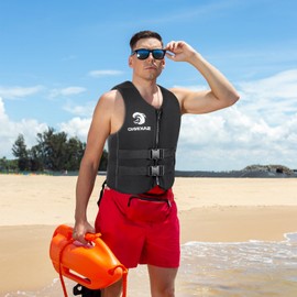 huraty Unisex Adults Swim Jacket, High Buoyancy Reflective Floating Vest Swimsuit with Adjustable Safety Straps, Outdoor Water Sports Vests for Boating, Kayaking, Surfing, Sailing, Red, XL