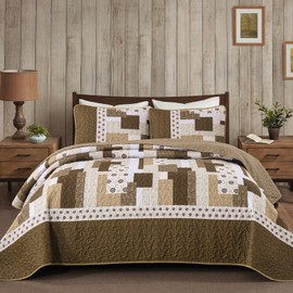 Yiran Brown Queen Size Quilt, Lightweight Patchwork Bedspreads Bedding Set, Farmhouse Coverlet Set with 2 Shams for All Seasons