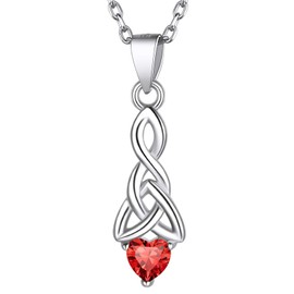 July Birthstone Necklace for Women, 925 Sterling Silver Celtic Jewelry Dainty Cute Red Ruby Crystal Stone Irish Trinity Knot Heart Pendant Necklace