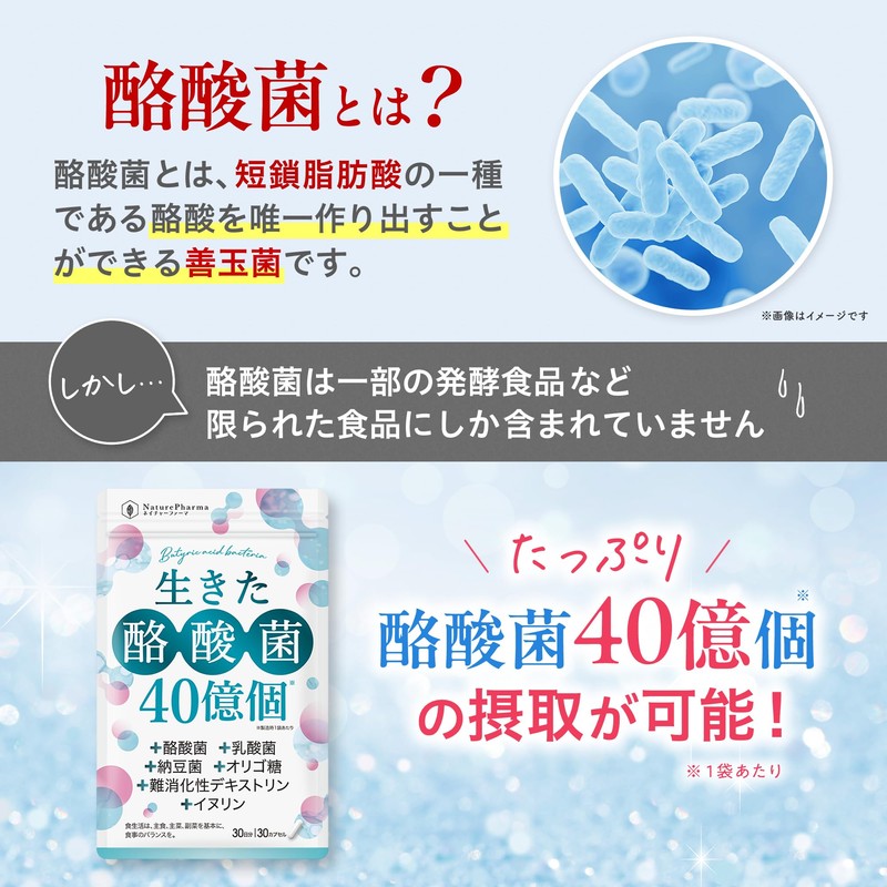 生きた酪酸菌40億個 酪酸菌 サプリ 乳酸菌 ビフィズス菌 納豆菌 オリゴ糖 イヌリン 難消化性デキストリン プロバイオティクス