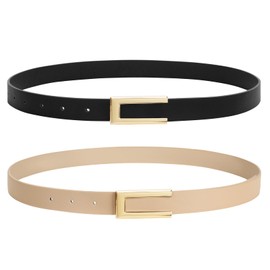 JASGOOD 2 Pack Fashion Skinny Leather Belts for Women, Womens Belts for Dresses Jeans Coats with Gold Buckle Black+Khaki S