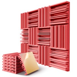 12 Pack Acoustic Foam Panels for Walls, 12" x 12" x 2" Soundproof Wall Panels, Self-Adhesive Soundproofing Padding, High Resilience Sound Absorbing Panels for Home Studios, Offices - Red