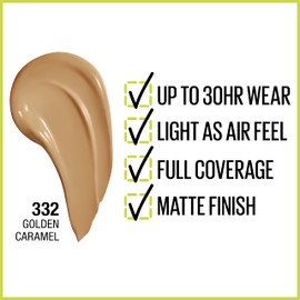Maybelline Super Stay Full Coverage Liquid Foundation Active Wear Makeup, Up to 30Hr Wear, Transfer, Sweat & Water Resistant, Matte Finish, Golden Caramel, 1 Count