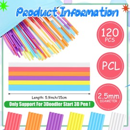 Honoson 120 Pcs PCL 3D Pen Refills Compatible with The 3Doodler Start 3D Pen Low Printing Temperature 2.5 mm Thick 15 cm Filament Refill(6 Colors)