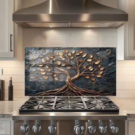 fzxwyishu Tempered Glass Kitchen Backsplash, Stove Back Top Cover, Splashback Tile,3D Tree of Life with withered leaves Kitchen Sink Cover Splash Guard, Home Kitchen Decor (30"x16"(76.2x40.64cm))