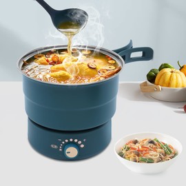 Portable Electric Hot Pot with Foldable Handles, Non-stick Frying Pan, Mini Hot Pot, Multi-Functional Noodle Cooker for Pasta, Steak with Power Adjustment