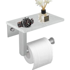 BWE Brushed Nickel Toilet Paper Hold with Marble Shelf,SUS 304 Stainless Steel Tissue Roll Holder Wall Mounted，Toilet Paper Roll Holder with Phone Shelf Rustproof for Bathroom Washroom