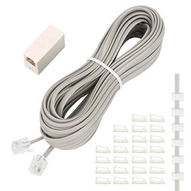 Phone Extension Cord 33 Ft, Telephone Cable with Standard RJ11 Plug and 1 in-Line Couplers and 20 Cable Clip Holders, Grey