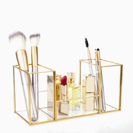 Feyarl Makeup Brush Case, Brush Stand, Cosmetic Brush Holder, Brush Storage, Brush Holder, Small Storage, 3 Tiers, Gold