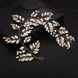 Denifery Wedding Crystal Pearl Hair Vine Bridal Rhinestone Headband Handmade Wedding Headpiece Crystal Hair Pieces Hair Accessories for Bride Women Girls (Gold)