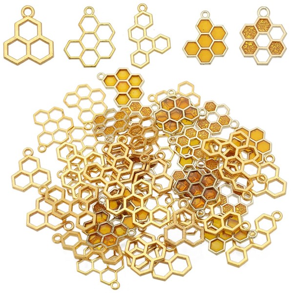 SUNNYCLUE 1 Box 60Pcs 5 Styles Bee Charms Honeycomb Charms