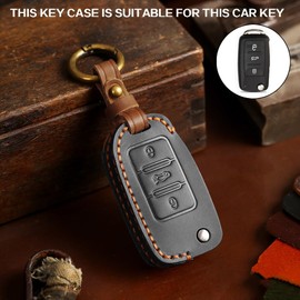 Genuine Leather Car Key Case Compatible with VW Volkswagen Tiguan Passat Golf 4 5 6 Polo Beetle Jetta Touran Eos Scirocco 3 buttons Car Key Protective with Keychain