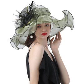 TLMNU Women Derby Church Organza Flower Wedding Tea Party Fascinator Wide Brim Sun Hat G2-Green with Black Edge