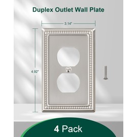 TREEWELL 4-Pack Duplex Outlet Cover Plate, Metal Wall Plates for Electrical Outlets, Brushed Nickel 1 Gang Receptacle Cover, Pearls Decorative Switch Plates and Outlet Covers