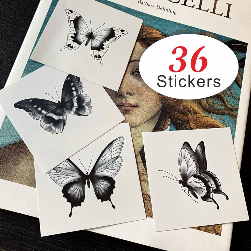 Womaha Black Butterfly Series 36 Sheets Butterfly Temporary Tattoos for