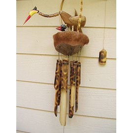 Bamboo Wind Chimes Bobbing Bird Mommy with 2 Chicks in Nest