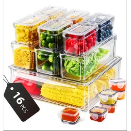 Artmu® Organizador Refrigerador Cocina Set 16 Contenedores Con Tapa Contenedores Refrigerador 16pcs Organizador Refrigerador Organizadores Cocina