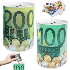 YOUYIKE Pack of 2 Money Boxes, 10 x 7.5 cm Metal Euro Money Box, 100/200 Euro Money Box, Money Box, Saving Banknote, Metal Gift Idea, Ideal for Birthday, Christmas, Anniversary