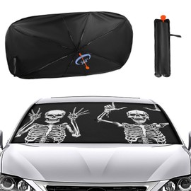 CZLBTFTP Funny Skeleton Car Windshield Sun Shade Umbrella, Car Windshield Sunshades Cover with 360° Rotation Bendable Handle, Foldable Sun Shade for Most Vehicles