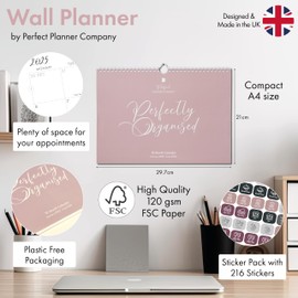 Wall Calendar 2025-2026 with Stickers. Month to View, January 25 to June 26 (18 Month) Family, Couples & Personal Calendar Organiser. Compact A4 Landscape. By Perfect Planner Company. (Dusky25-26)