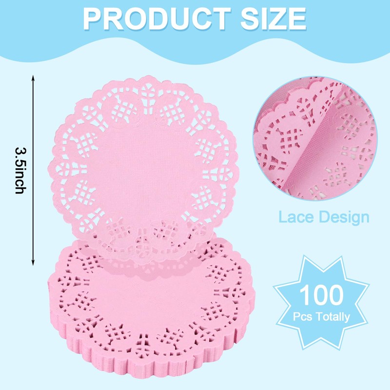 DECORA 3.5inch Round Pink Paper Lace Doilies for Wedding Tableware