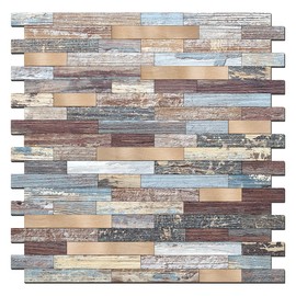 Decopus Metal Mosaic Tile Backsplash for DIY Decoration -LNG Oblong 10pack - Rustic Wood Mix Copper - Peel and Stick for Remodelling Wall of Fireplace, Kitchen, Bathroom, Camper, Stairway, Cabinet
