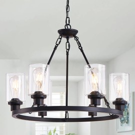 OTeedo 6-Light Modern Farmhouse Chandeliers for Dining Room,Wagon Wheel Black Chandelier,Adjustable Height Hanging Round Pendant Lights for Kitchen Island,Clear Glass Shade Ceiling Light fixtures