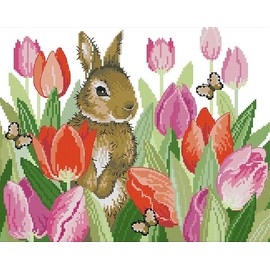 Arione Cross Stitch Kits for Adults Beginners Pre Printed Stamped Cross Stitch Kit Embroidery Tapestry Kit Rabbit and Tulips 48 x 40 CM.
