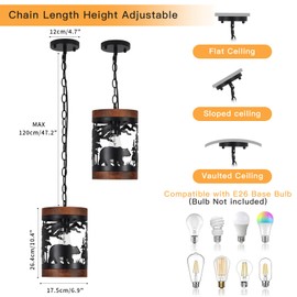 Rustic Bear Pendant Light, 1-Light Farmhouse Wood and Metal Cage Chandelier, Adjustable Hanging Ceiling Fixture for Kitchen Island, Hallway, Bar, Dining Room, Foyer, or Bedroom, (No Bulb Included)