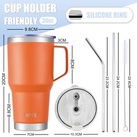 SUNTQ 30 oz 850 ml Tumbler with Handle - Reusable Travel Coffee Cup with Straw, Lid - Double-Walled Vacuum Insulated Coffee Cup - Stainless Steel Thermal Cup (Orange)