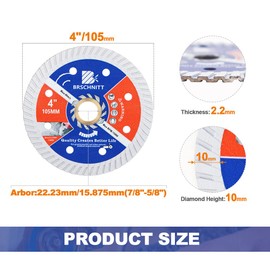 BRSCHNITT Diamond Blade for Concrete Masonry,2pcs 4 Inch (105mm) with Arbor 7/8"-5/8" Dry/Wet Continuous Rim Diamond Cutting Disc for Granite Marble Stone Hard Concrete Reinforced Concrete