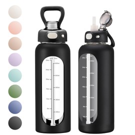 SIEROZUR 32 Glass Water Bottle with Straw and Handle Motivational Water Bottles with Silicone Sleeve and Time Marker Leakproof Borosilicate Water Bottle for Gym Home Office